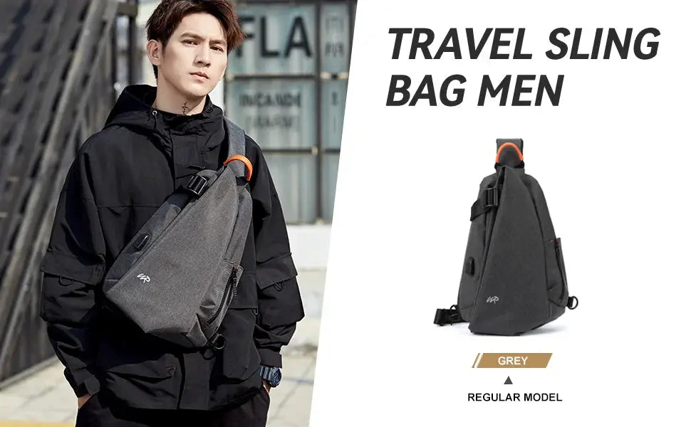 Simples Market grey anti-theft crossbody sling bag for men and women; two bags shown.
