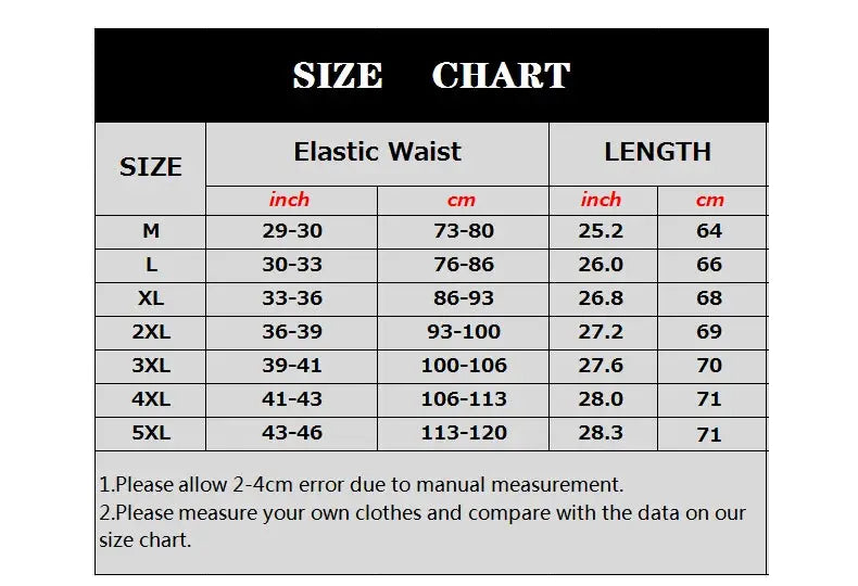 Men's cargo shorts size chart by Simples Market showing elastic waist and length for sizes M–5XL (inch/cm)