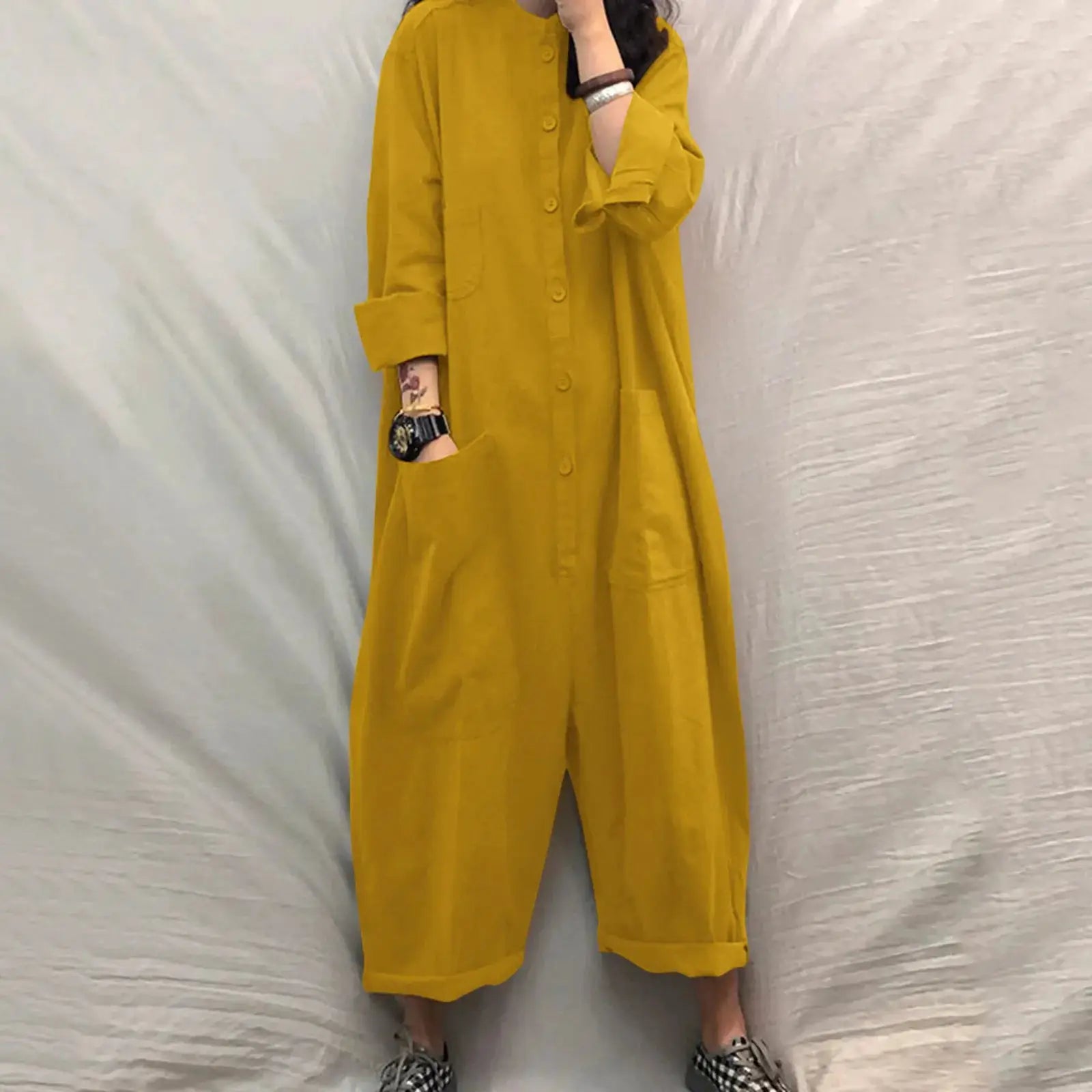 Jumpsuit in mustard yellow with pockets, long sleeves for women