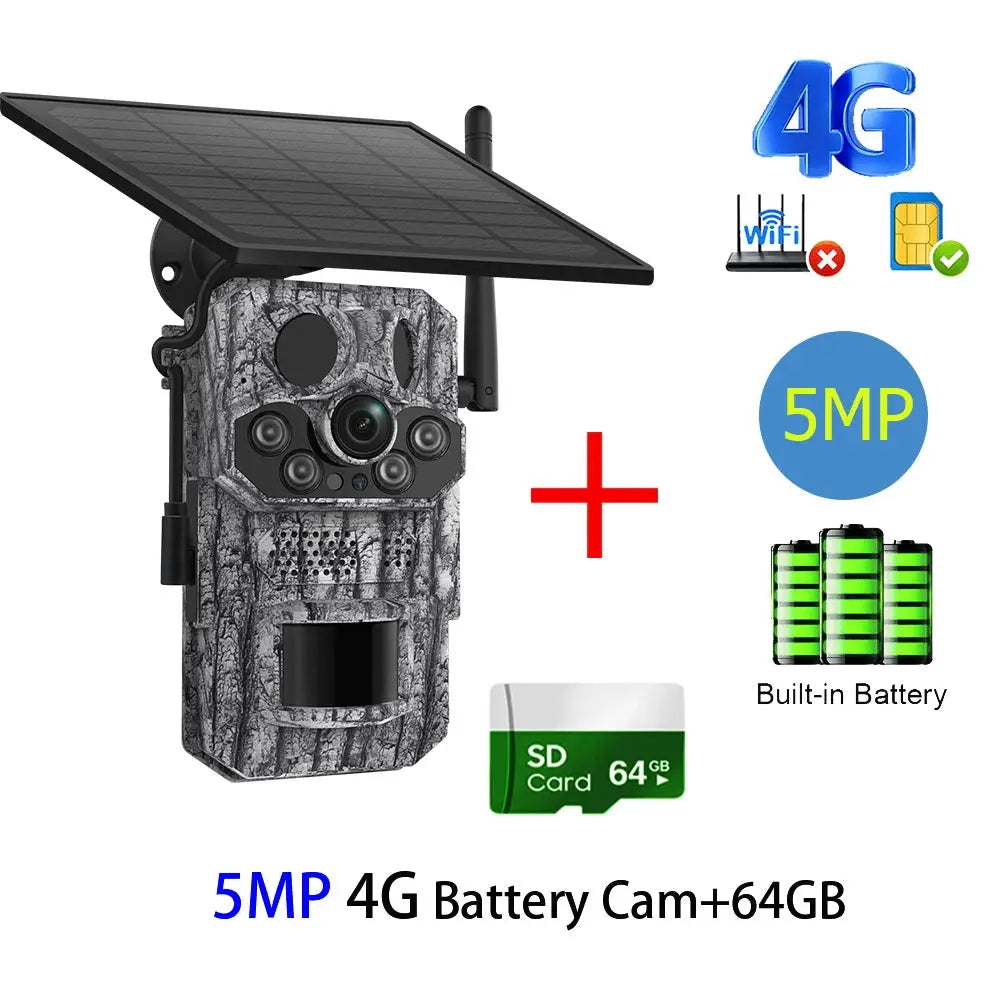 Simples Market INQMEGA4G 5MP PIR trail camera with solar panel, built-in battery, 64GB SD card, woodland camouflage

