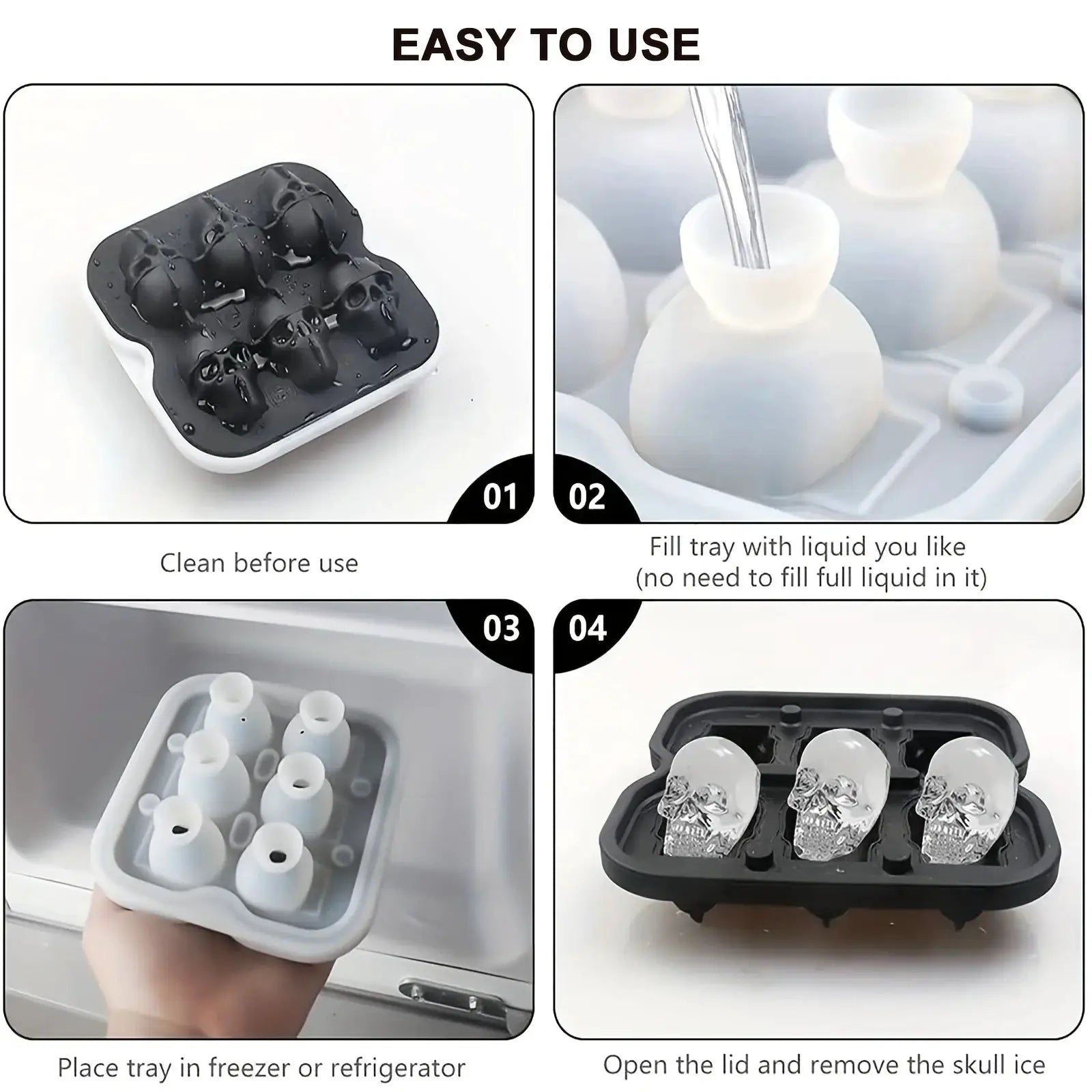 Skull Ice Ball Mold Silicone 3D Flexible Ice Cube Tray BPA Free For Freezer Horror Skull Head Cocktail Ice Ball Maker