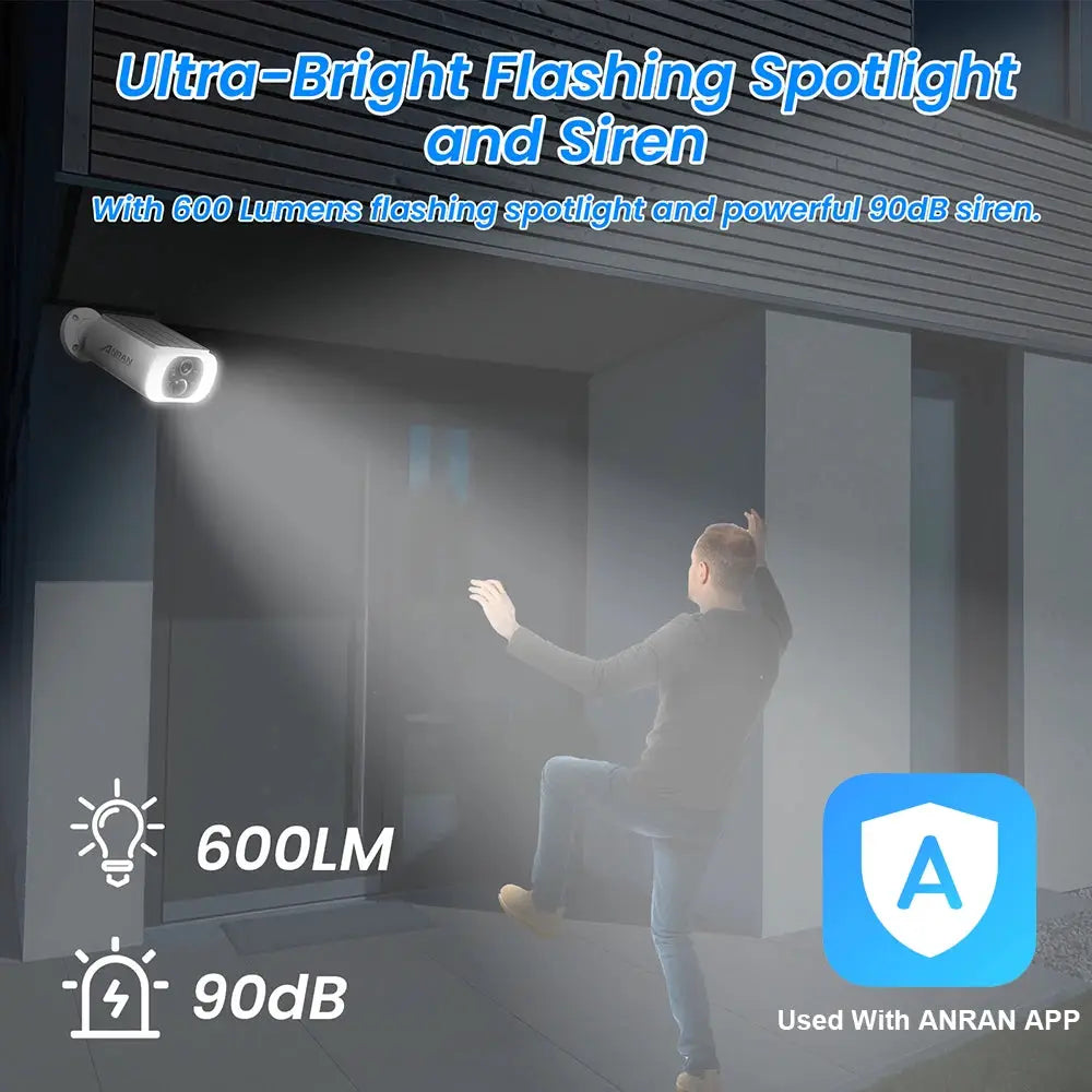 ANRAN white outdoor wireless floodlight security camera with 600LM spotlight and 90dB siren