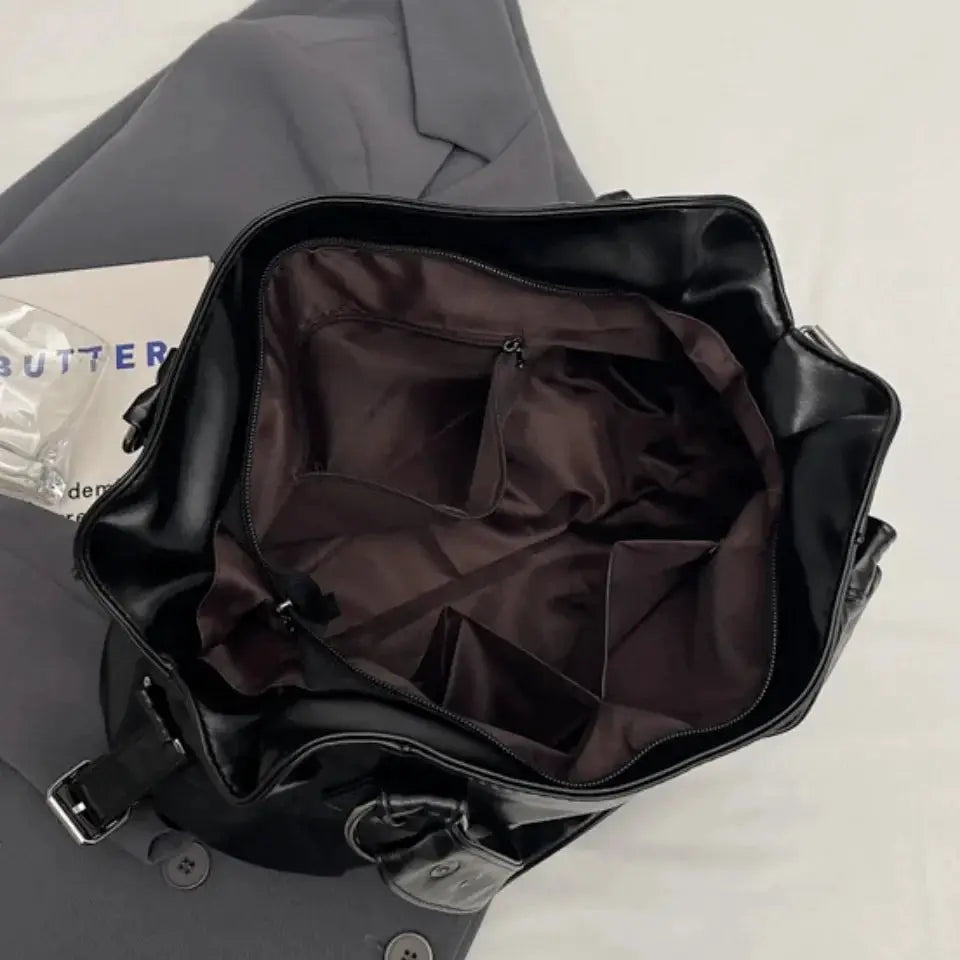 Soft interior compartment shoulder bag, black PU leather with brown lining, Simples Market
