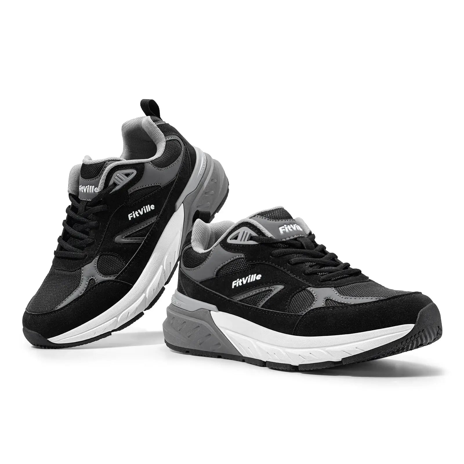 FitVille men's walking sneakers, black and gray with white soles; two sneakers shown.