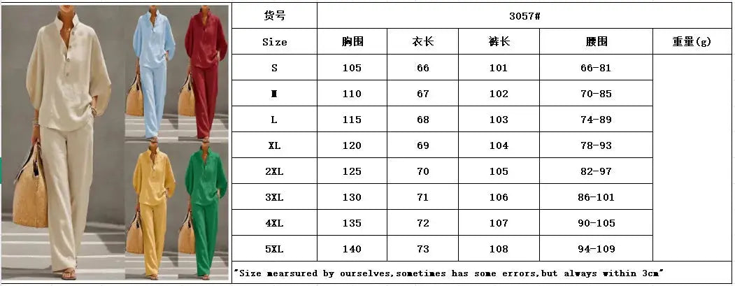 Cotton Linen Pant Set Women Stand Collar Button Top Wide Leg Trousers