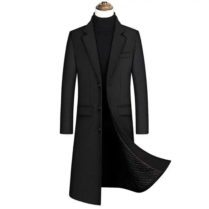 Men's long black wool-blend overcoat with notch lapels, single-breasted front buttons and quilted interior lining