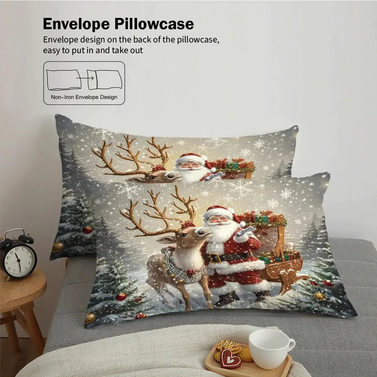 3pc Santa Claus printed bedding set by Simples Market, two grey snow-scene pillowcases, machine washable