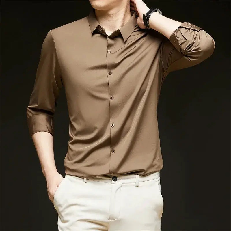 Men's brown business-casual wrinkle-resistant long-sleeve shirt with button-down collar.