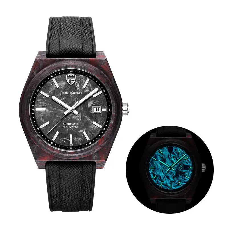 Carbon fibre luminous 40mm automatic watch with black textured strap and Time Token dial
