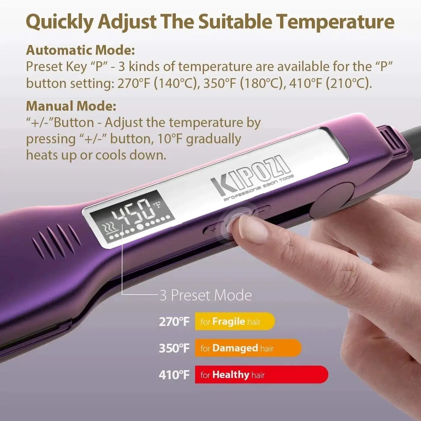 KIPOZI professional titanium flat iron with digital LCD display, purple body, dual voltage