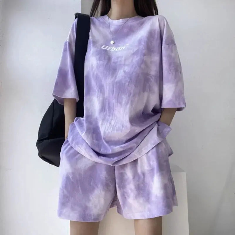 Women Tie Dye T Shirt And Wide Leg Shorts Set With Pockets Plus Size