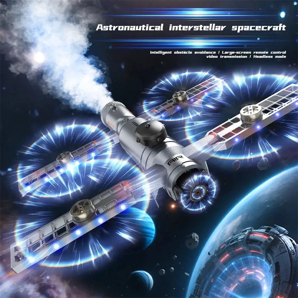 Quadcopter drone with four arms and glowing blue rotor rings against a space backdrop