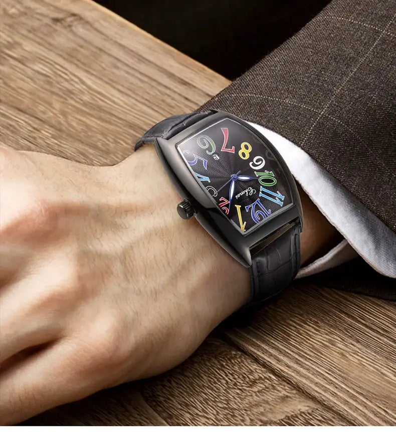 CHENXI men's watch with curved glass, black leather strap, colorful luminous numerals.