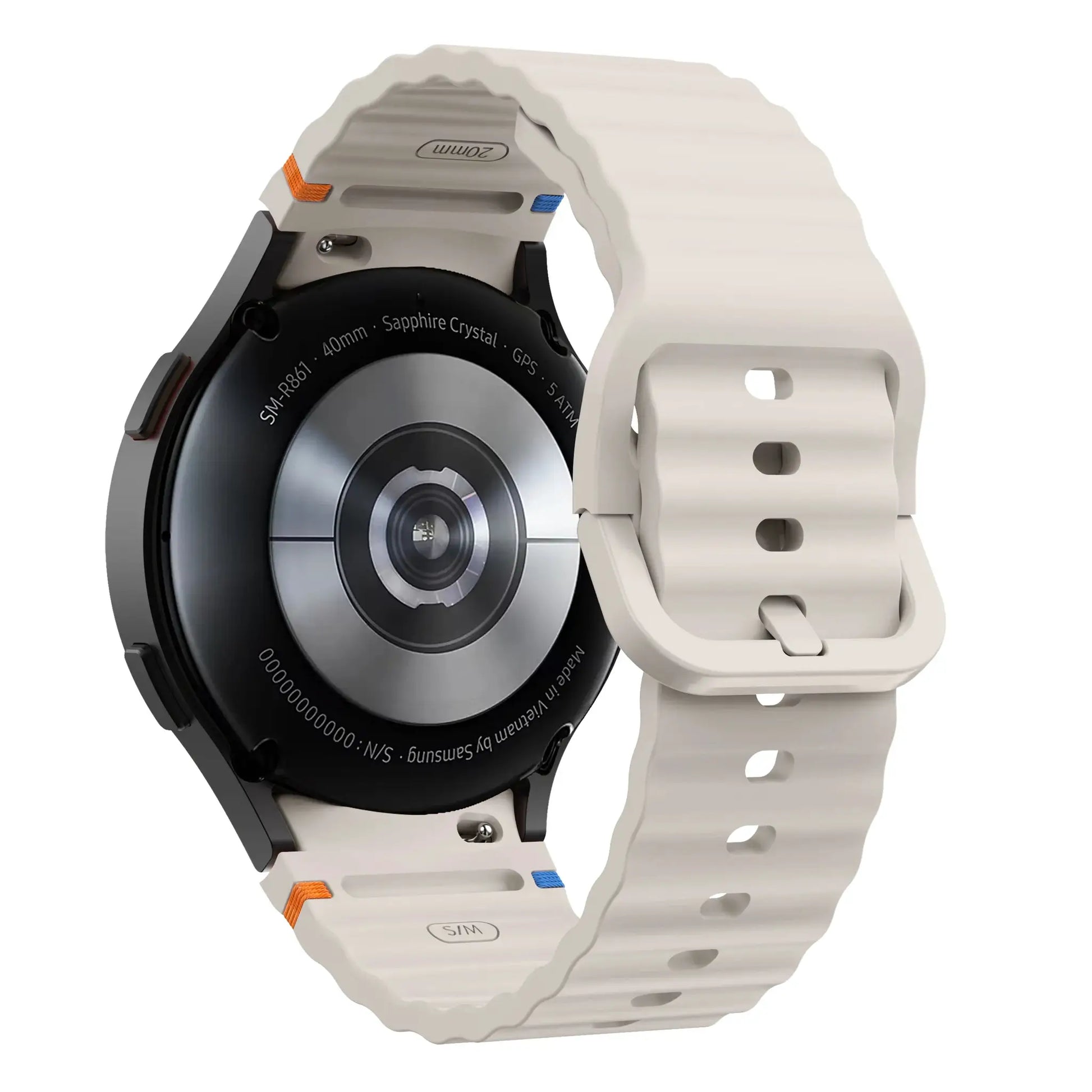 Original silicone watch band for Samsung Galaxy Watch, beige with orange/blue loops, 40–47mm, Simples Market.