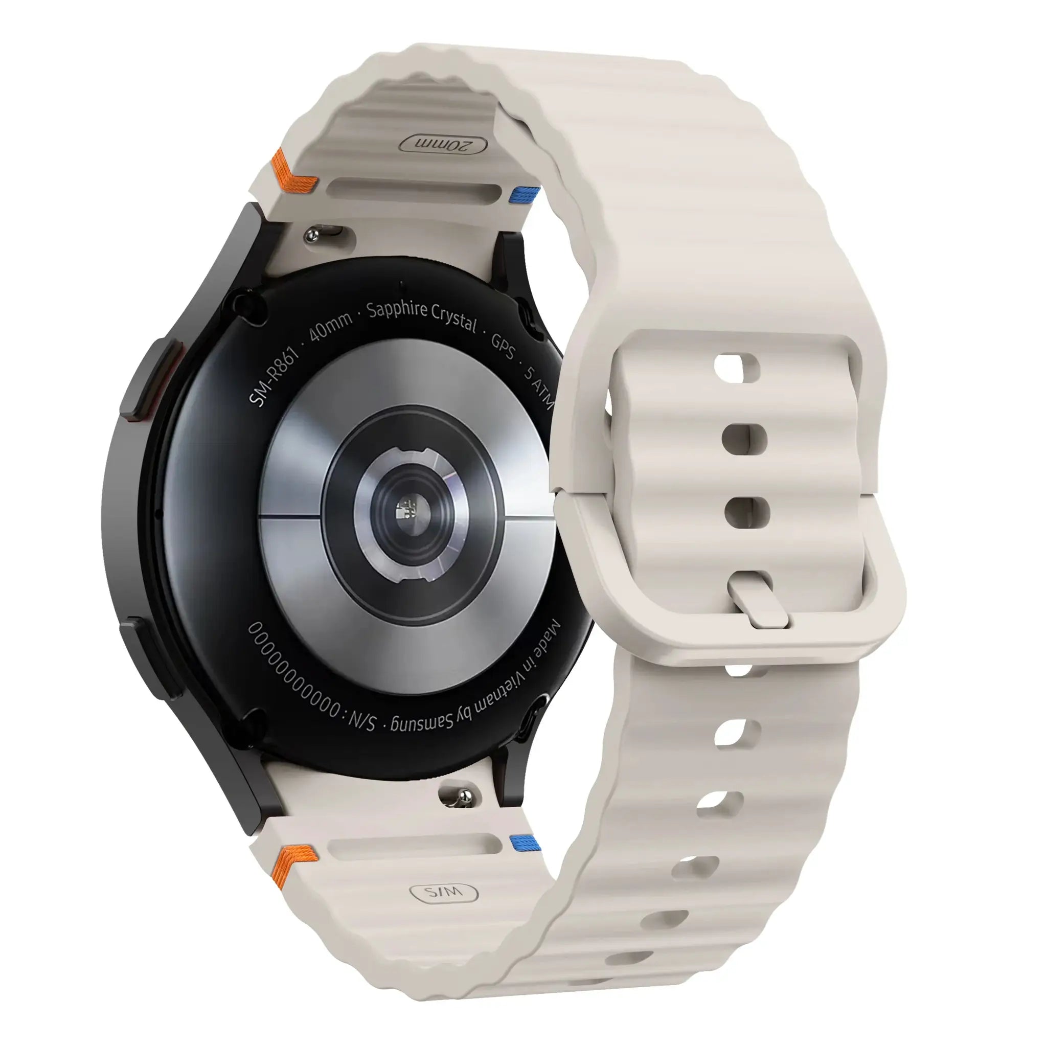 Original silicone watch band for Samsung Galaxy Watch, beige with orange/blue loops, 40–47mm, Simples Market.
