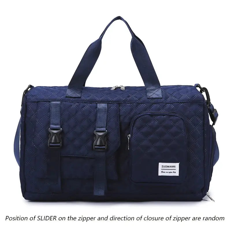 Durable nylon travel duffle bag in navy with quilted design, ZUOMANI patch, shoulder strap