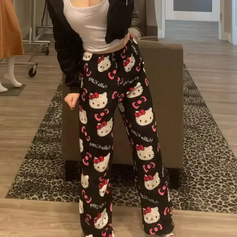 Hello Kitty Pajama Pants For Women Cozy Winter Ankle Length Sleepwear With Anime Cartoon Print