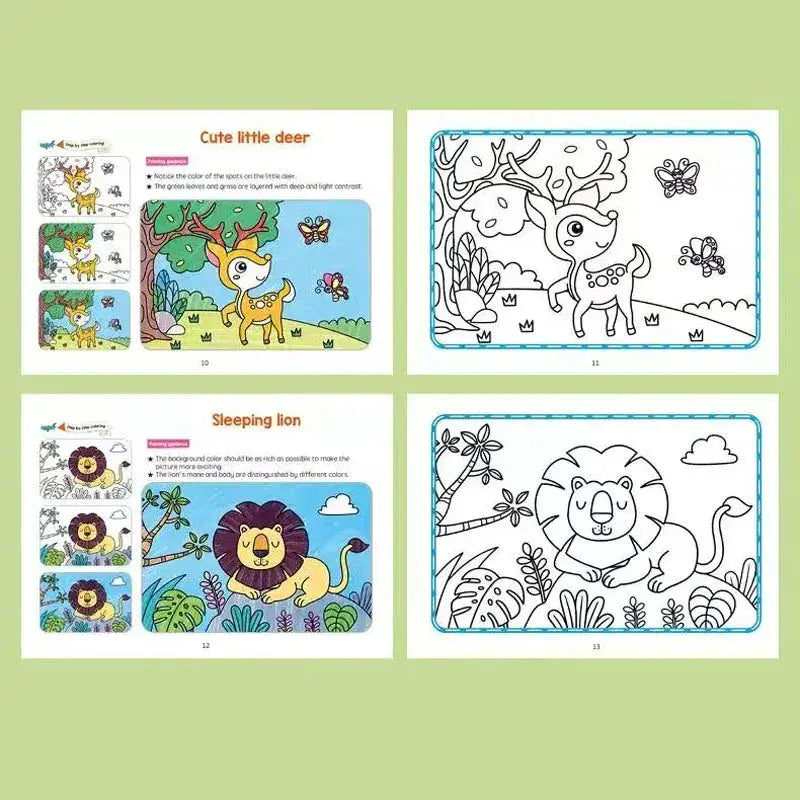 Kids coloring book set with animal drawings by Simples Market; four pages show deer and lion scenes in color and outline