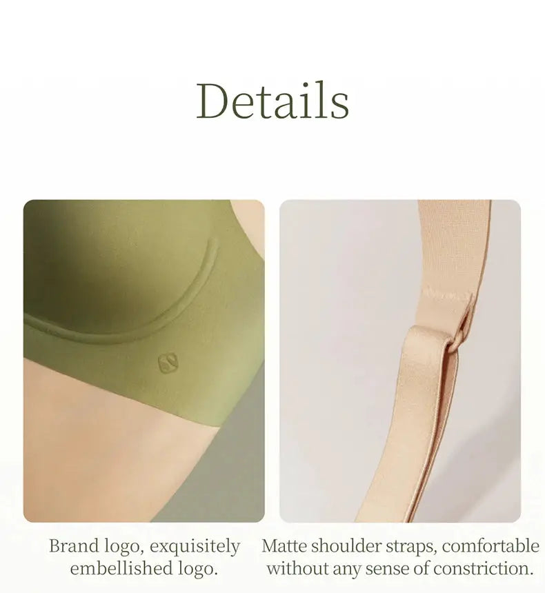 SUJIIN seamless wireless bra in olive green with embossed logo; beige matte strap shown