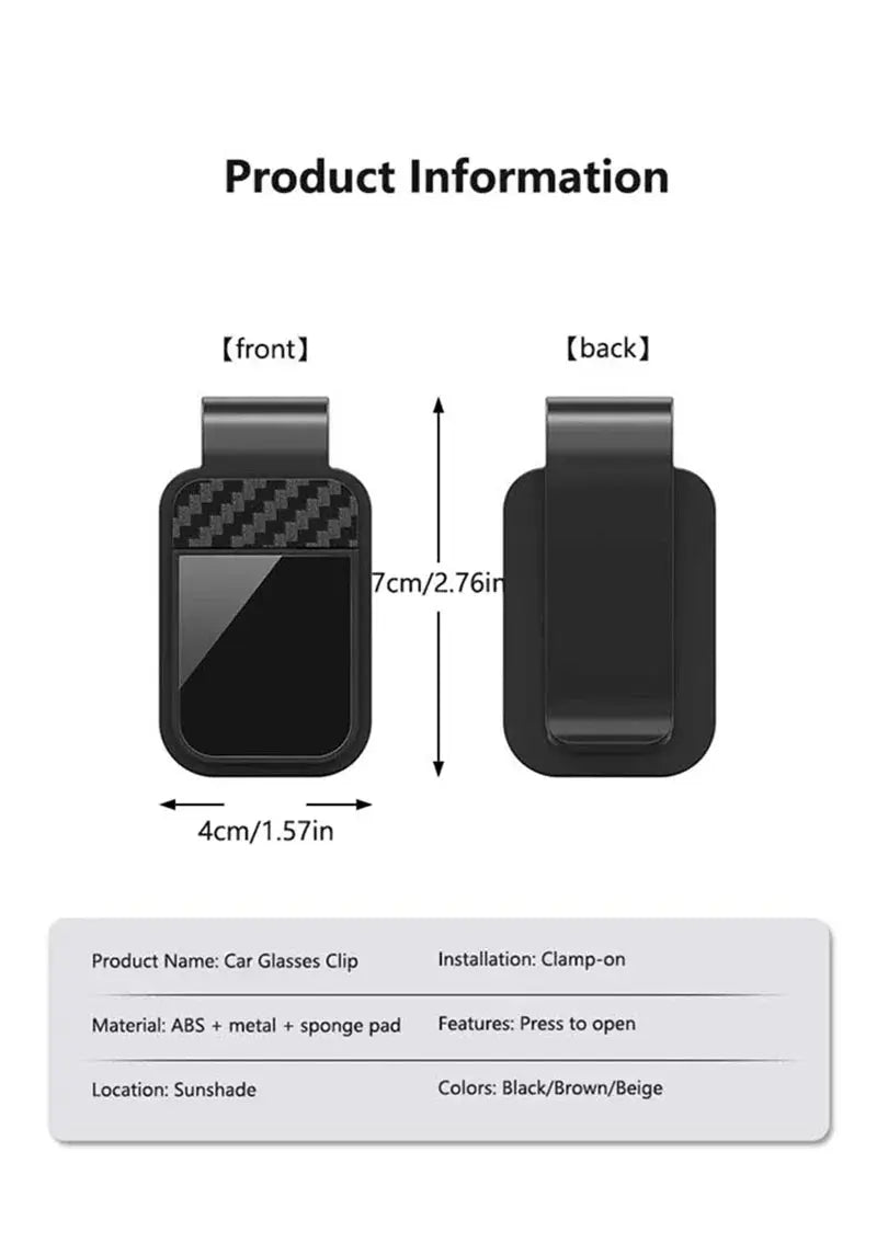 Simples Market car sun visor sunglasses clip, black with carbon-fiber top, ABS+metal+sponge pad, 7x4 cm, clip-on holder