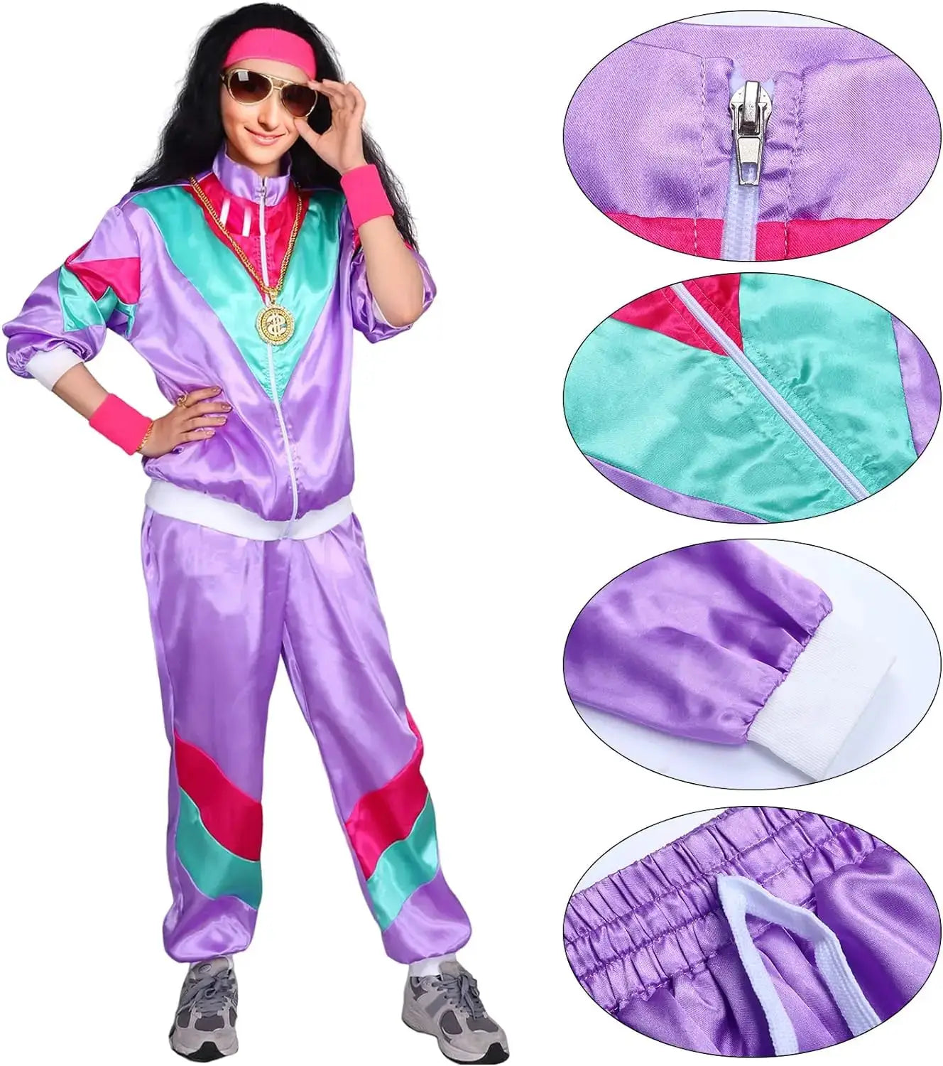 Kicpot Retro Tracksuit Jacket And Pants Set For Women Nostalgia Themed 80s 90s Hip Hop Costume For Parties