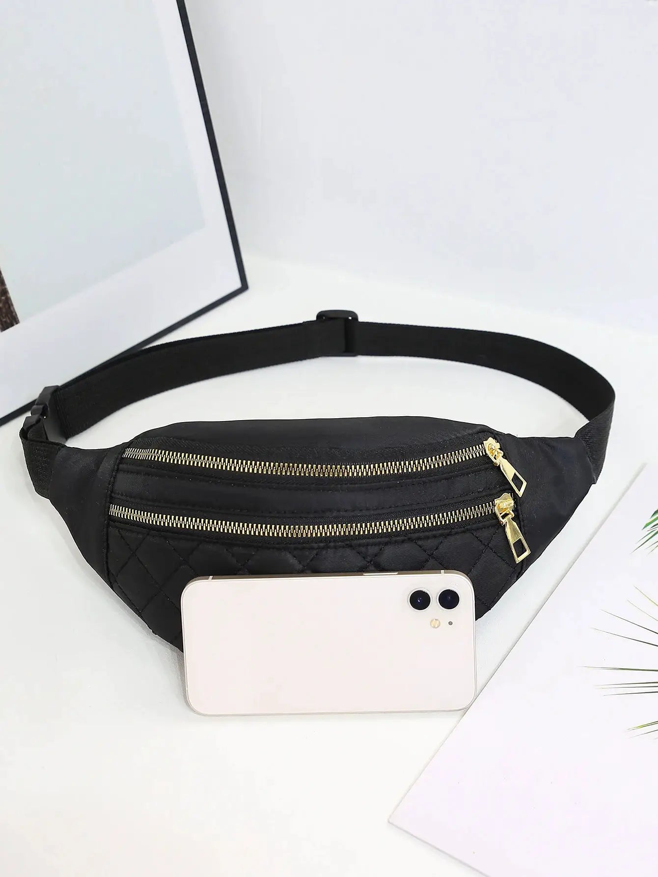 Simples Market black quilted waist bag fanny pack with dual gold zippers and adjustable strap