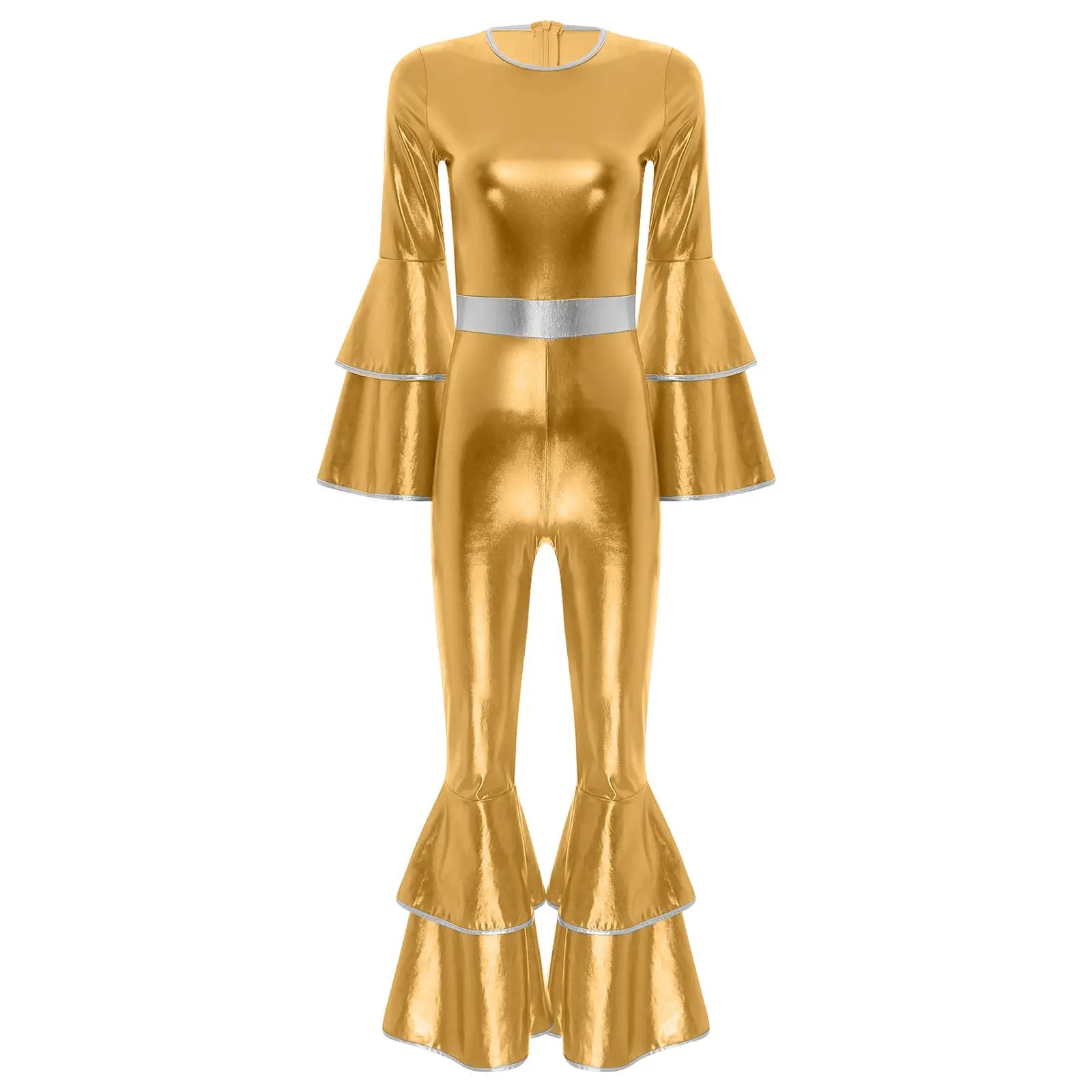 Gold metallic disco jumpsuit with bell sleeves and silver waist belt, 70s vintage style costume