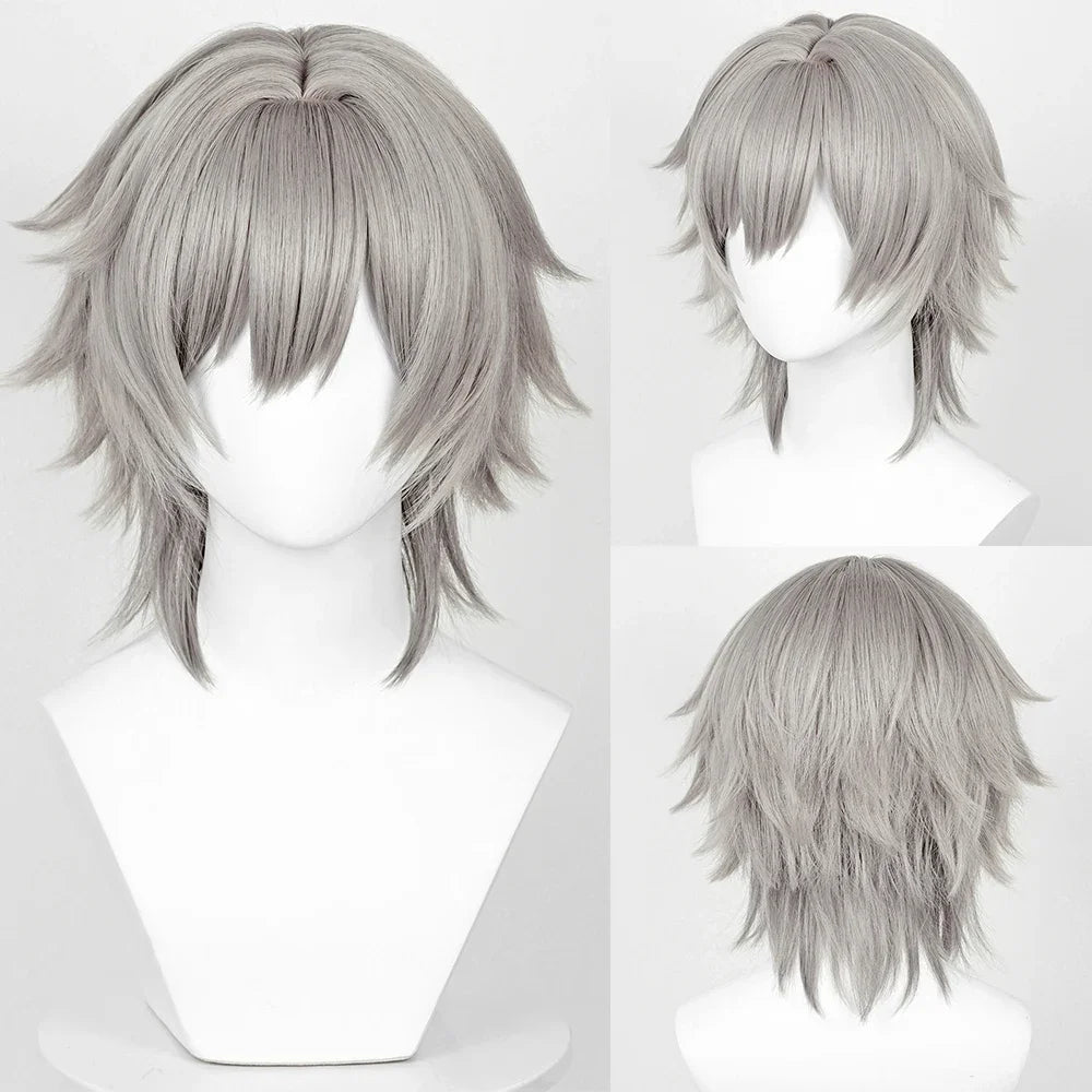 Caelus Stelle Honkai Star Rail cosplay wig, gray synthetic hair with bangs and layered style