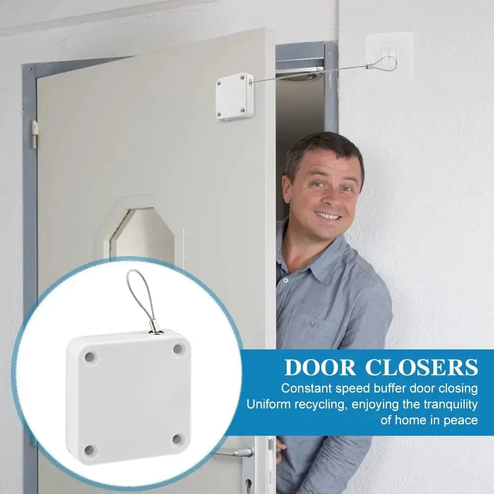 Punch-free automatic sensor door closer with pull cord, white surface-mount unit for residential and commercial doors