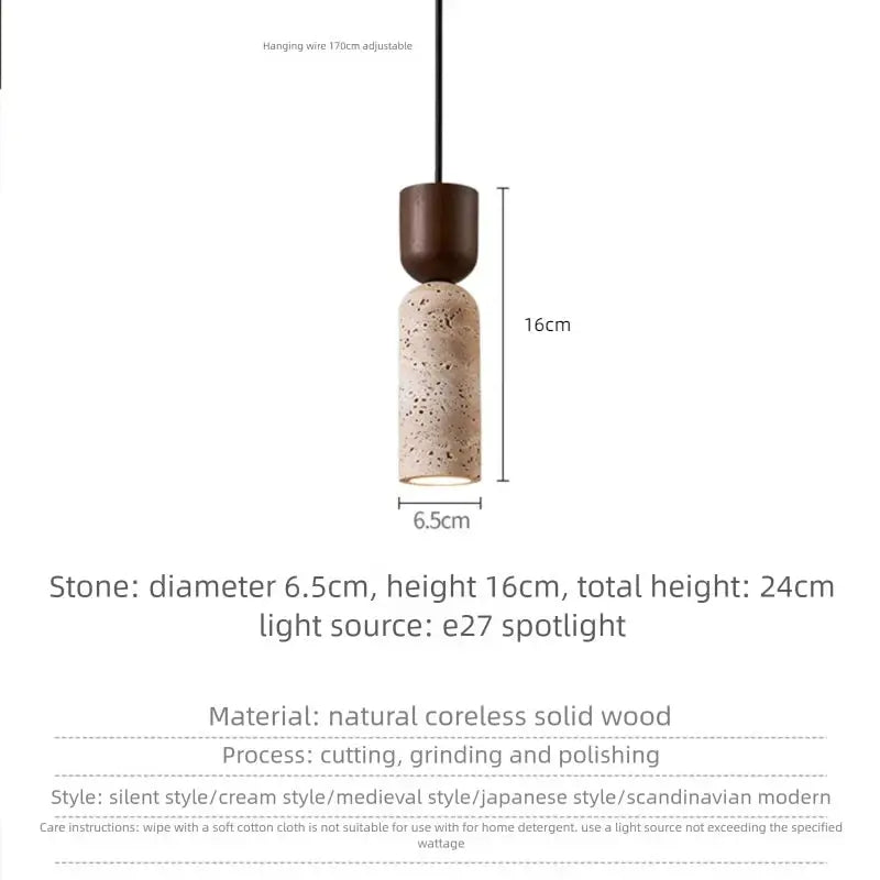 Japanese wabi-sabi bedside pendant chandelier by Simples Market, beige speckled stone cylinder with dark brown cap.