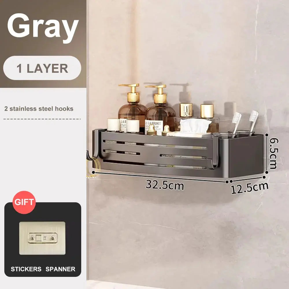 Simples Market gray space aluminum bathroom corner shelf with towel bar and 2 stainless steel hooks