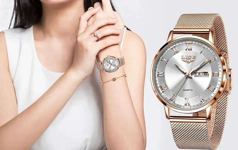 LIGE women's rose-gold stainless steel mesh watch with silver dial and Roman numerals