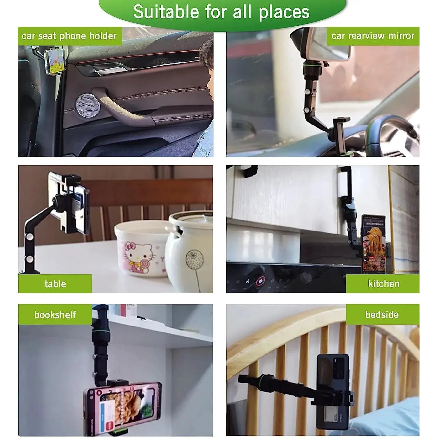 Simples Market Rearview Mirror Phone Holder; 360° rotatable car mount shown in car, table, kitchen, bookshelf, bedside