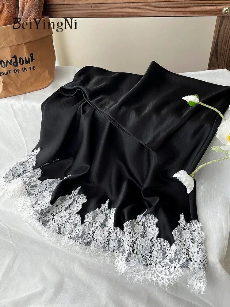 Beiyingni Satin A Line Lace Patchwork Skirt For Women Elegant Long Office Wear Chic