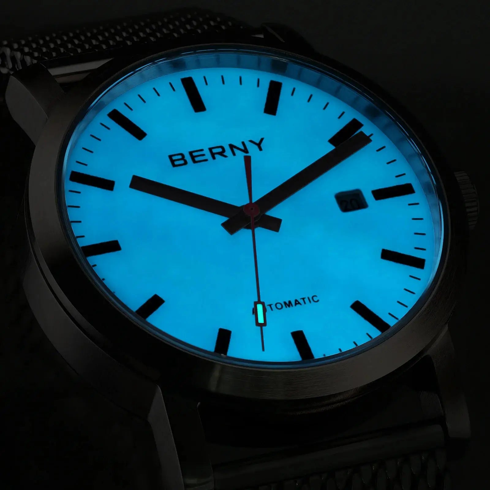 BERNY automatic men's watch with luminous blue dial, stainless steel case and mesh strap