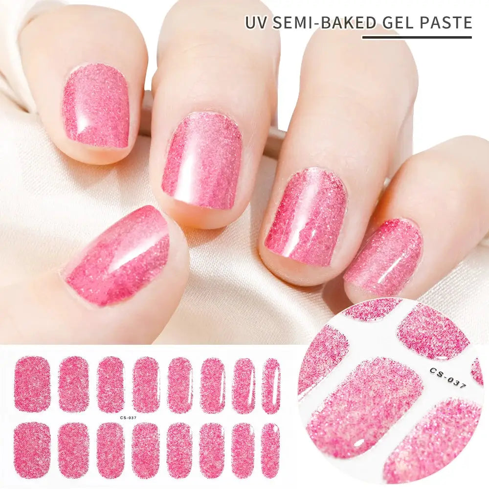 Pink glitter gel nail wraps with adhesive full-cover decals for UV lamp curing