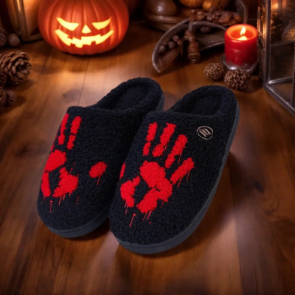 Halloween palm plush slippers; Simples Market black fluffy slip-ons with red palm prints