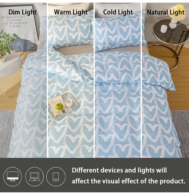 Simples Market 3pc Heart Print Duvet Cover Set, blue and gray; includes 1 duvet cover and 2 pillowcases.