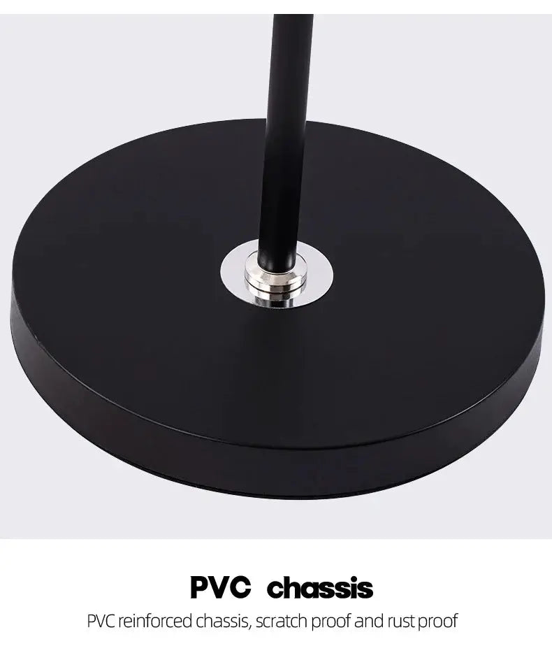 Floor lamp with black metal base and adjustable stem for living room.