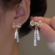 Korean Niche Design Full Diamond Bow Tie Tassel Earrings Elegant Sparkle Temperament Jewelry