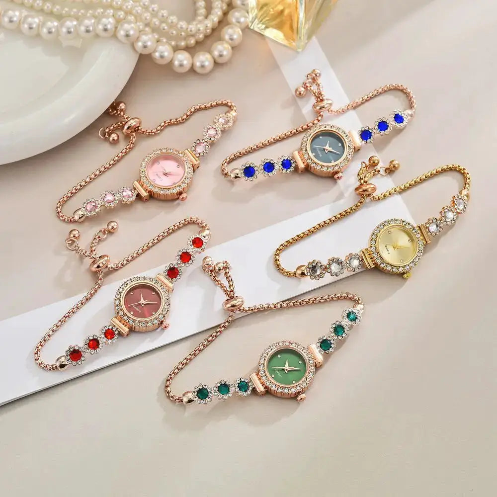 Rose gold rhinestone women's bracelet watches set of 6 with colored stones (pink/blue/green/red)