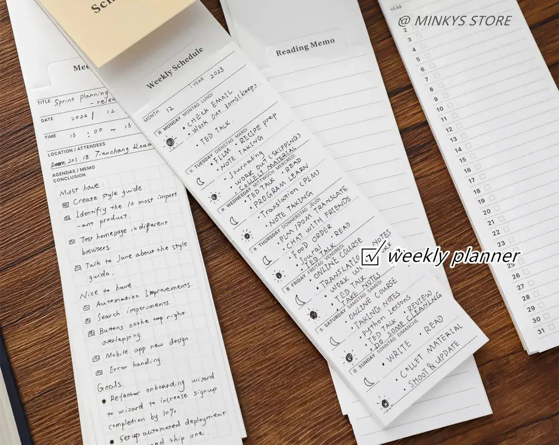 MINKYS bookmark-type memo pads, 24 sheets, white paper with weekly planning layouts