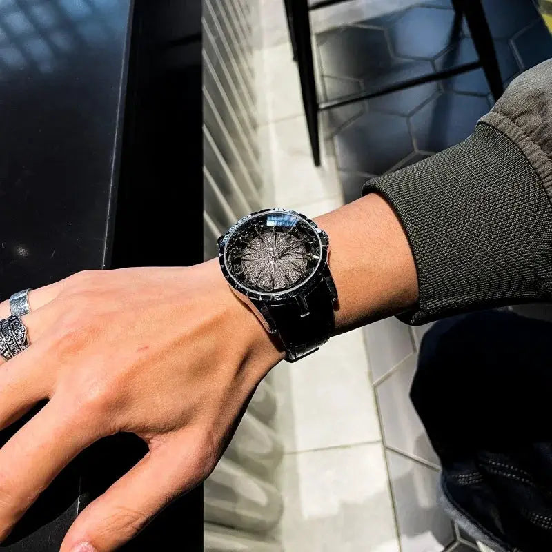 Men's quartz watch, black stainless steel bracelet, round dial with an intricate pattern.
