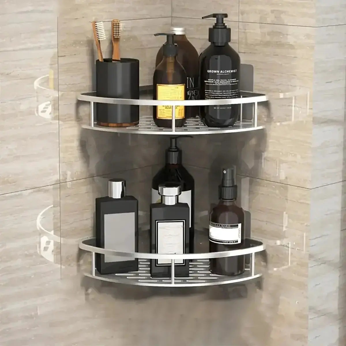 Simples Market bathroom corner shower rack, two-tier chrome wall-mount no-drill shelf