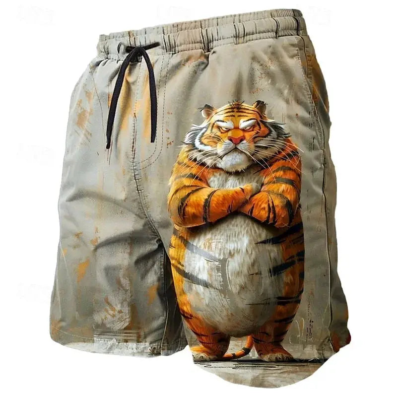 Board shorts by Simples Market with 3D tiger print on beige fabric and drawstring waist