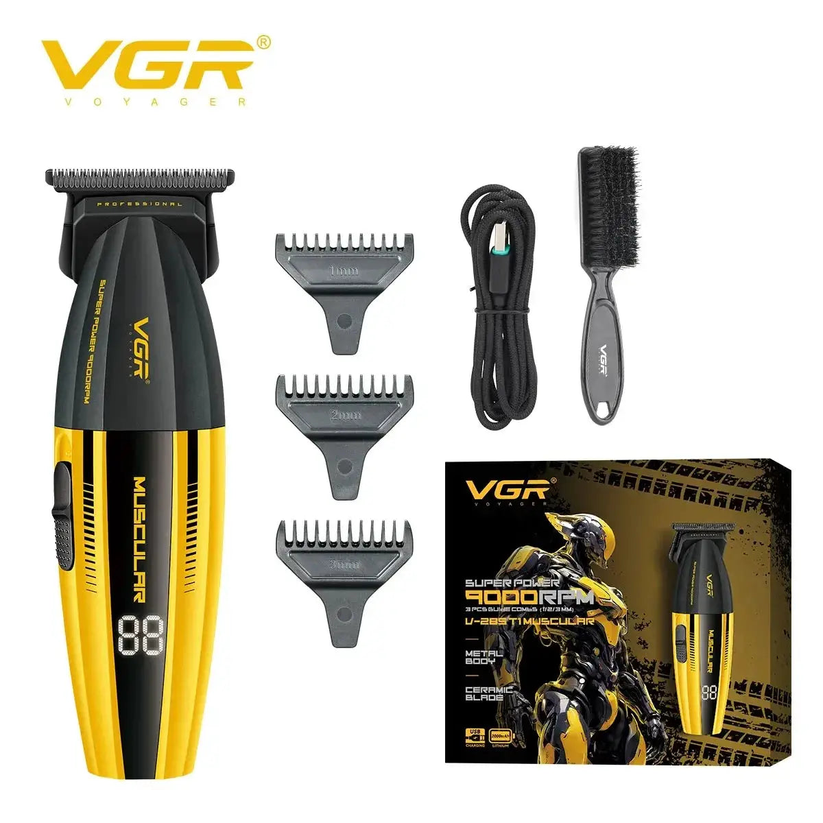 VGR hair trimmer set with yellow/black body, 1mm, 2mm and 3mm combs, USB charging cable, cleaning brush, and box