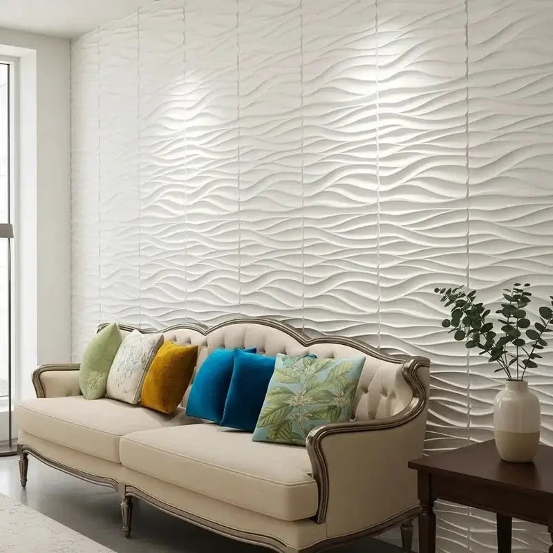 Simples Market 3D wall panels in white with a large wave texture, 30x30cm tiles in living room setting