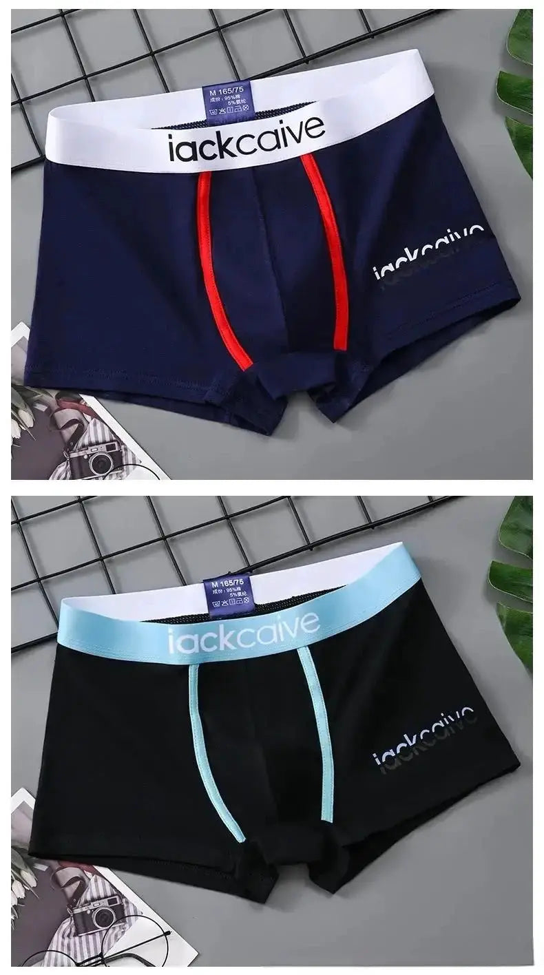 Two men's cotton boxer shorts in navy and black with white and light-blue waistbands; breathable underwear set