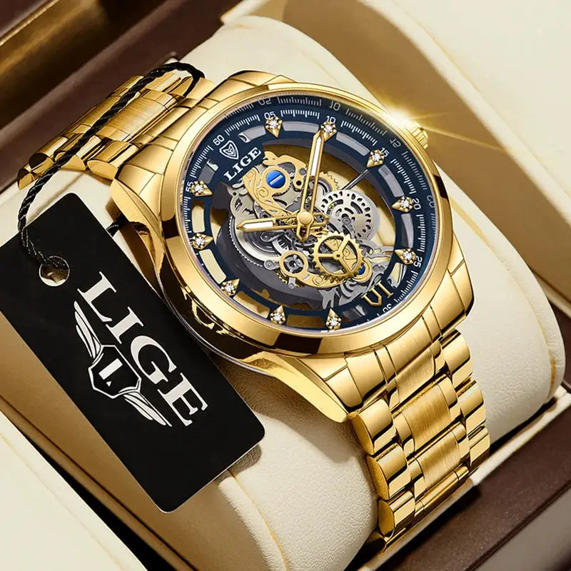 LIGE gold-tone stainless steel skeleton quartz men's wristwatch with open-work dial