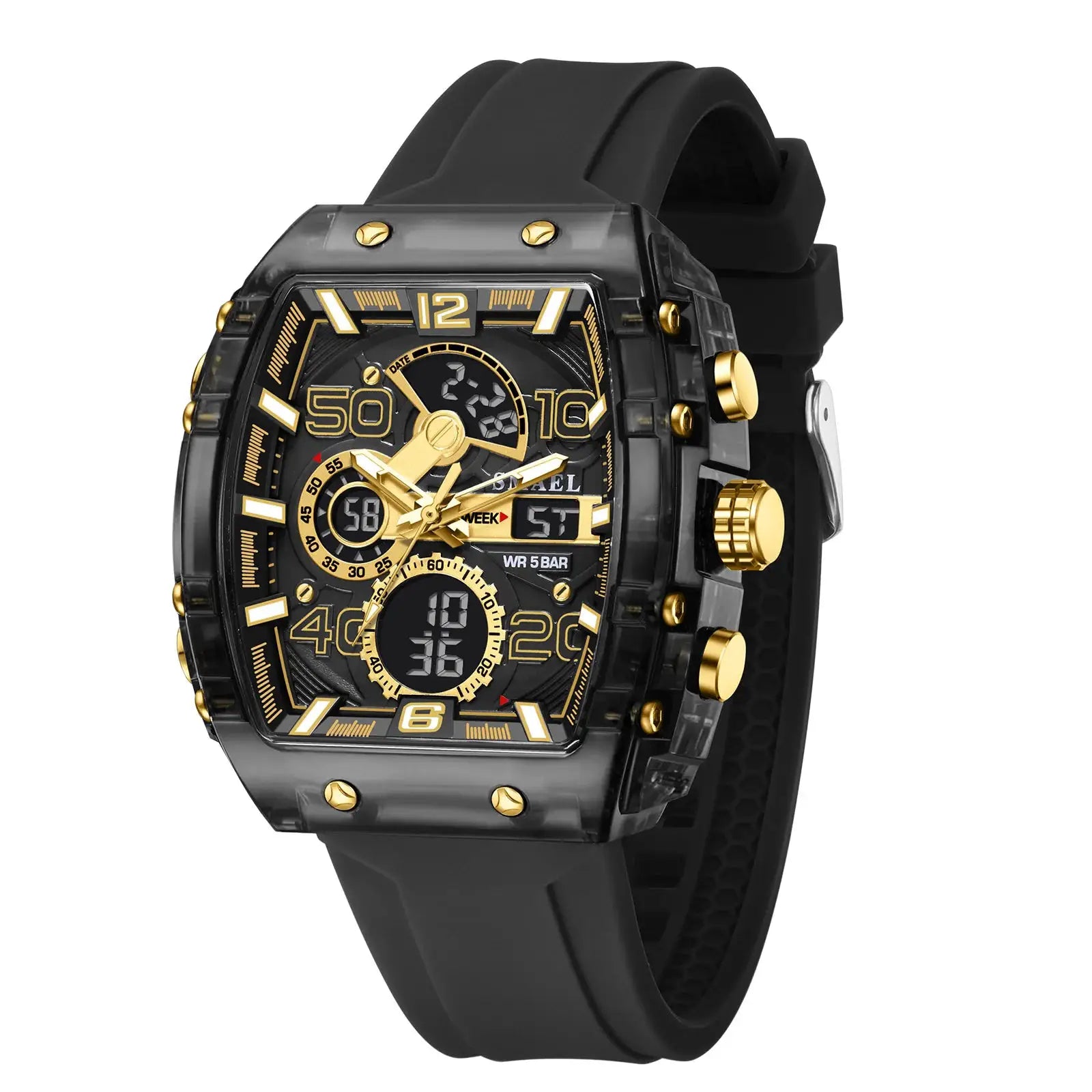 SMAEL men's square dual-display sport watch, black case with gold accents, silicone strap, 50m water resistant